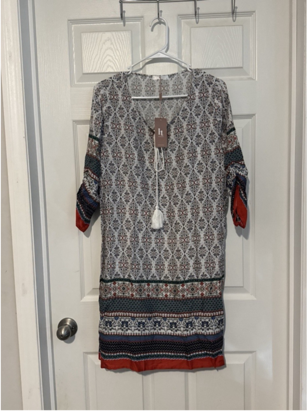 New Hotouch Boho Dress 3/4 Sleeve Women’s Sz Medium Paisley Tassle 100% Rayon